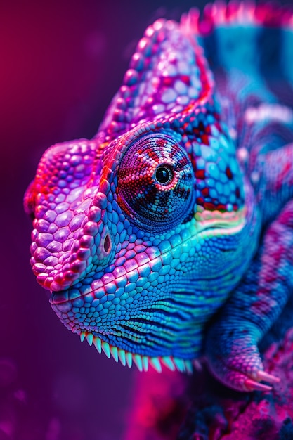 Free photo bright neon colors shining on wild chameleon