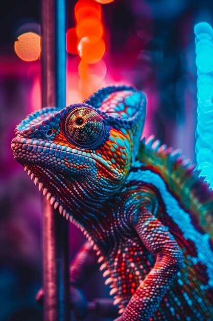 Bright neon colors shining on wild chameleon