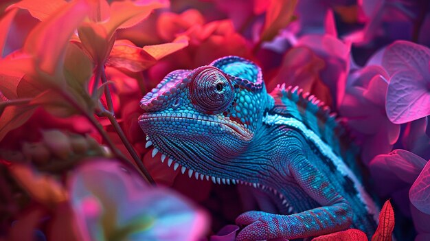 Bright neon colors shining on wild chameleon