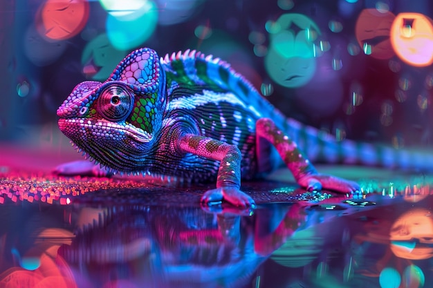 Free Photo bright neon colors shining on wild chameleon