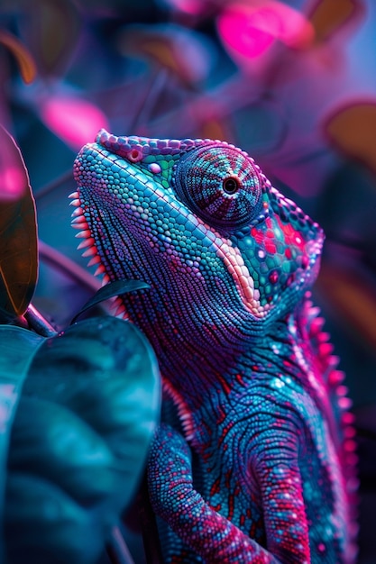 Free Photo bright neon colors shining on wild chameleon