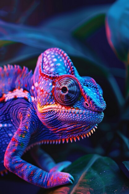 Bright neon colors shining on wild chameleon