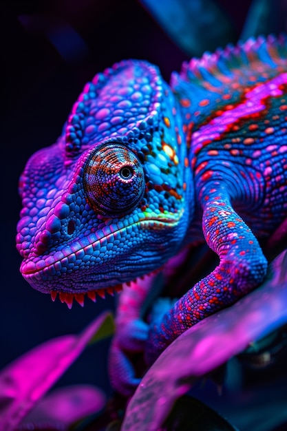 Bright neon colors shining on wild chameleon