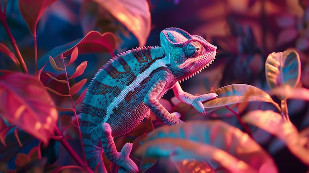 Bright neon colors shining on wild chameleon