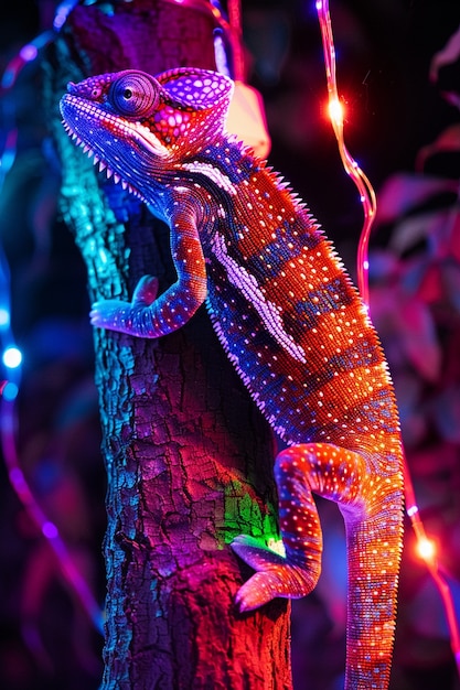 Free Photo bright neon colors shining on wild chameleon