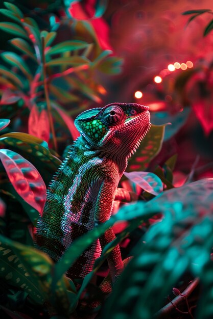 Bright neon colors shining on wild chameleon