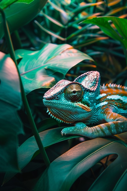 Bright neon colors shining on wild chameleon