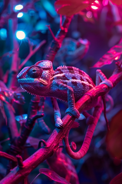 Bright neon colors shining on wild chameleon