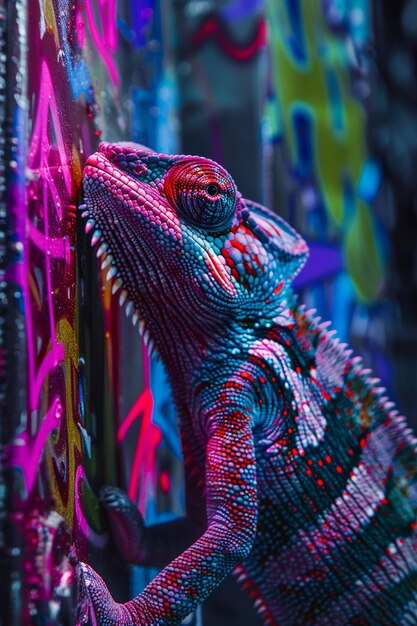 Bright neon colors shining on wild chameleon