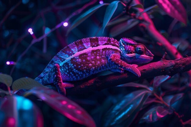 Bright neon colors shining on wild chameleon