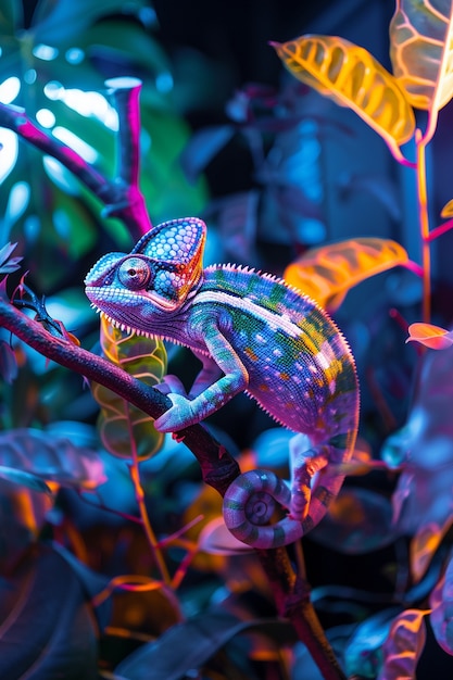 Free Photo bright neon colors shining on wild chameleon