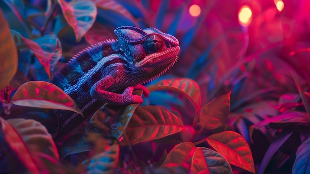 Free Photo bright neon colors shining on wild chameleon