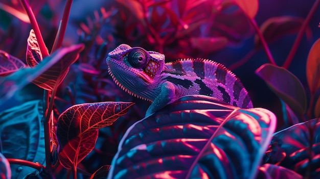 Free Photo bright neon colors shining on wild chameleon