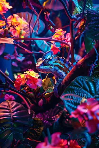 Free Photo bright neon colors shining on wild chameleon