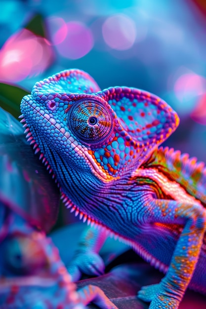 Free photo bright neon colors shining on wild chameleon