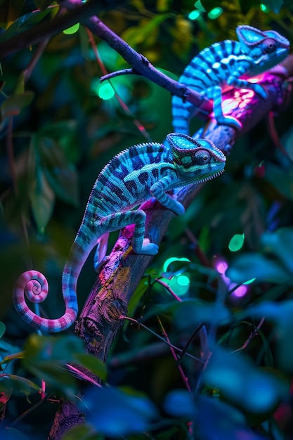 Bright neon colors shining on wild chameleon