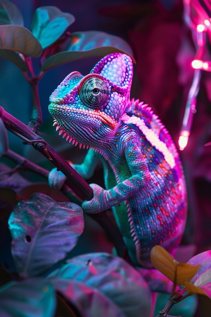 Bright neon colors shining on wild chameleon