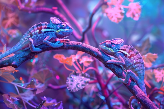 Free photo bright neon colors shining on wild chameleon