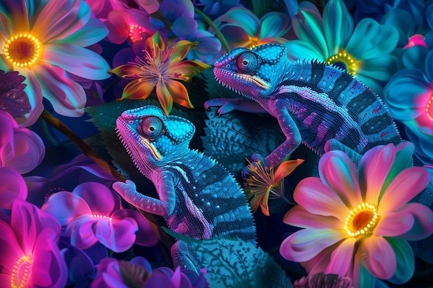 Free Photo bright neon colors shining on wild chameleon