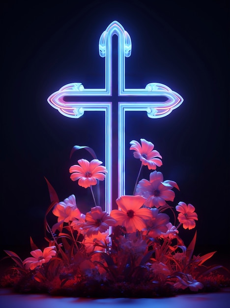 Free photo bright neon light cross