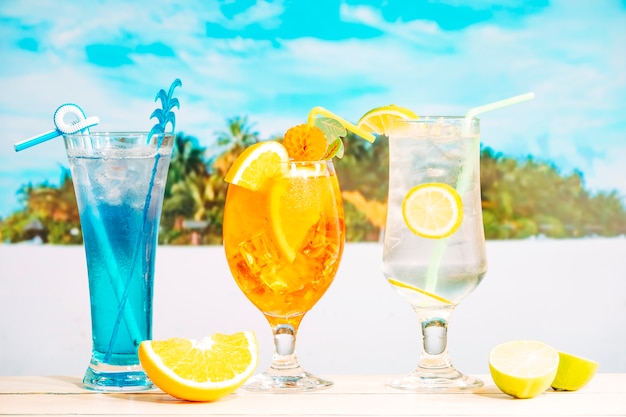 Free photo bright tasty drinks in decorated glasses and sliced citruses