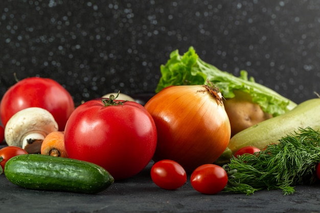 Bright vegetables ripe fresh mellow colorful vegetables on grey background