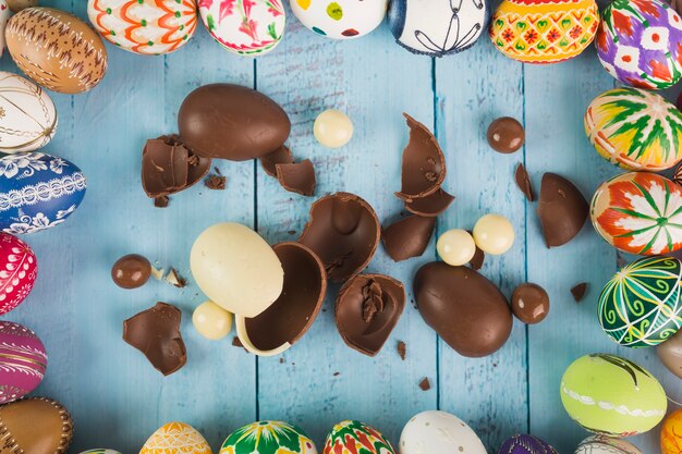 Broken chocolate eggs in arrangement