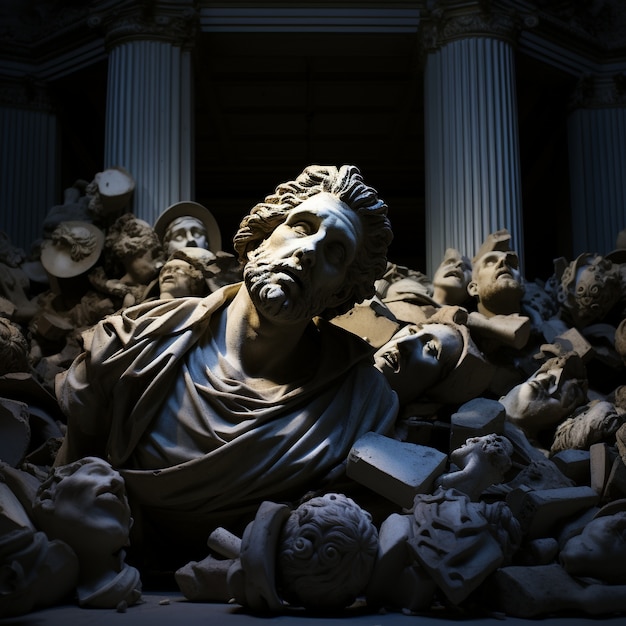 Free photo broken greek busts on the ground