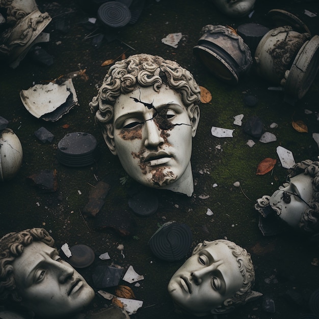 Free photo broken greek busts on the ground