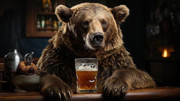 Free photo brown bear with a glass of beer on a table in a pub