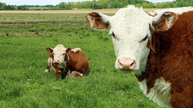 Free photo brown cute cows on the grass in the field