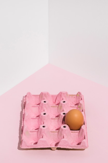 Brown egg in pink rack on light table