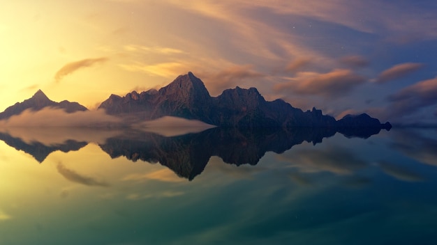 Brown mountain mirrored in body of water