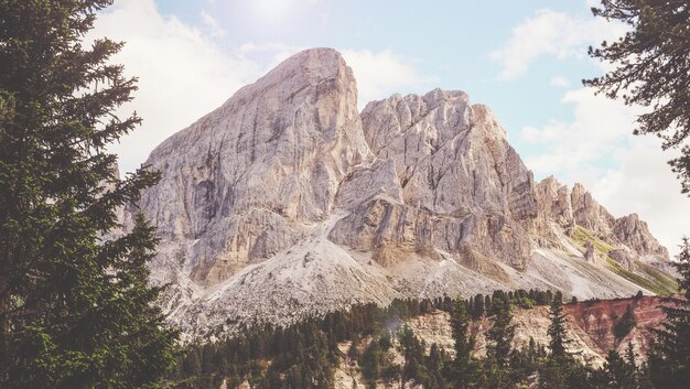 Brown mountain near green trees under white and blue sunny cloudy sky