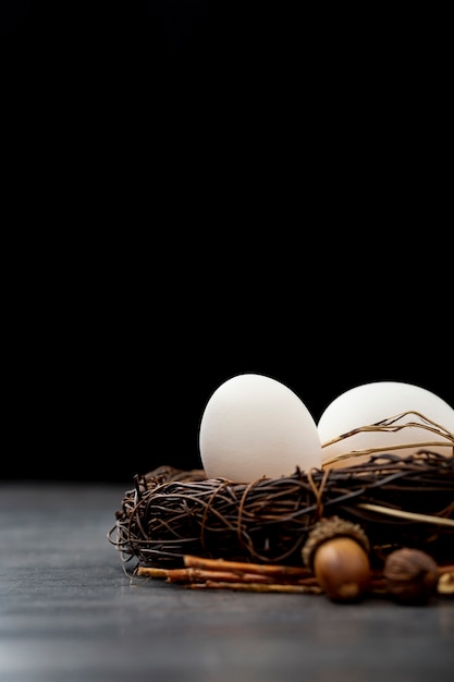 Free photo brown nest with white eggs on a black background