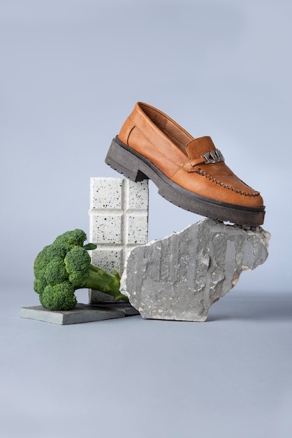 Brown shoe with broccoli and rocks