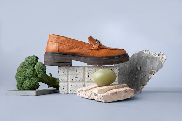 Brown shoe with rocks and broccoli