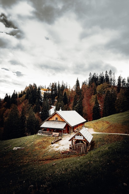 Brown wooden house near green trees under cloudy sky during daytime