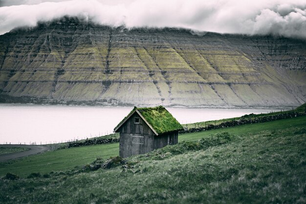 brown wooden shed with grass on the roof over rock cliffs