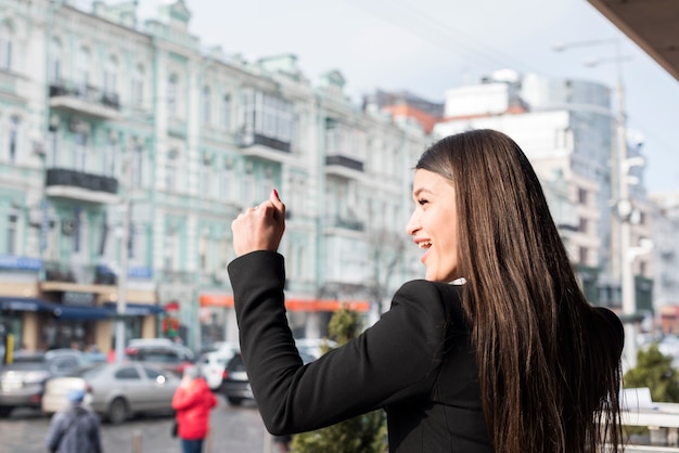 Brunette businesswoman celebrating