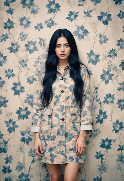 Brunette girl with floral dress on floral room