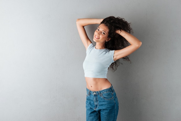 Brunette woman looking camera with smile