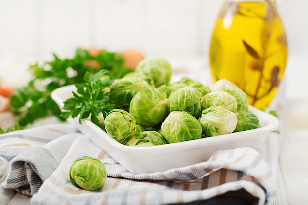 Brussels sprouts. Preparation for roasting Brussels sprouts with bacon.