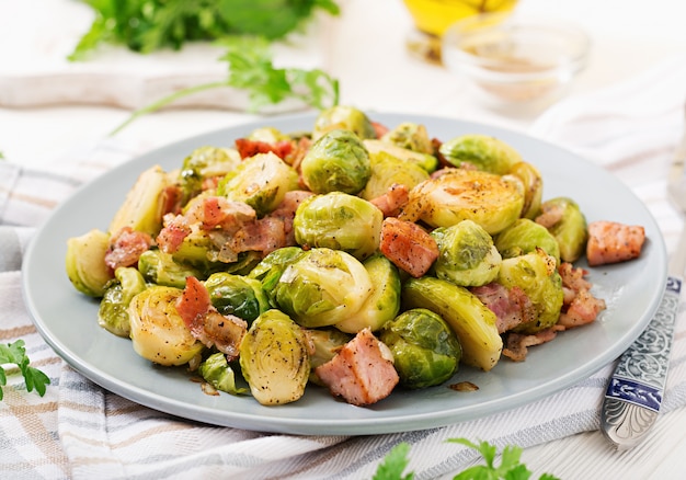 Brussels sprouts. Roasted Brussels sprouts with bacon. Delicious lunch.