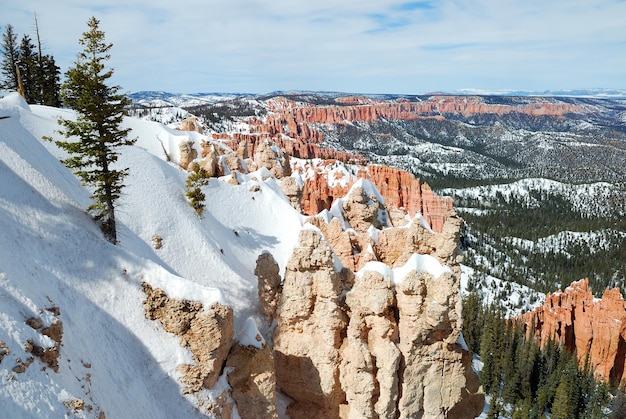 Bryce canyon panorama with snow in Winter with red rocks and blue sky.