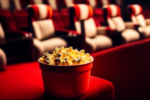 A bucket of popcorn sits in front of a movie theater.