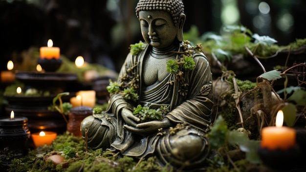 Free photo buddha figure meditates surrounded by nature and soft candlelight