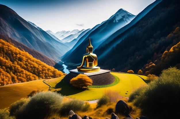 Buddha statue in the mountains with mountains in the background