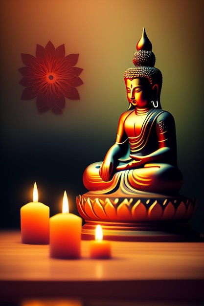 A buddha statue sits in front of a lit candle.