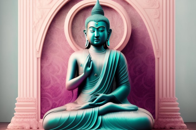 A buddha statue sits in front of a pink wall.